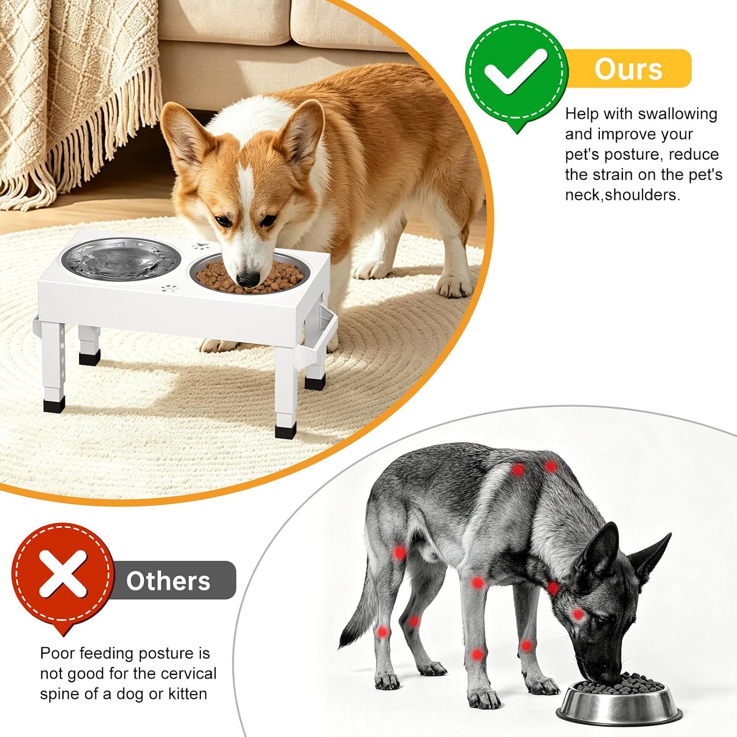 Elevated Dog Bowls Stand Large Breed, Height Adjustable Raised Dog Bowls Holder with 2 Stainless Steel Food Bowls for Small, Medium and Large Canine，White