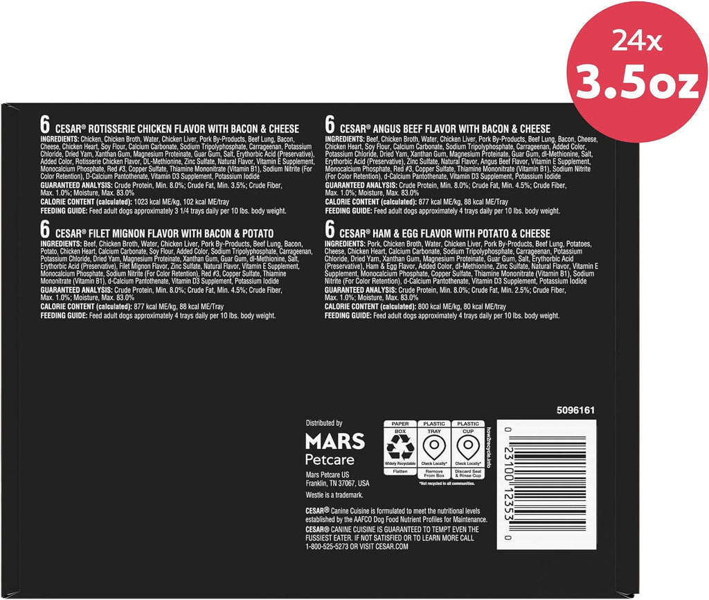 Cesar Loaf & Topper Wet Dog Food, Variety Pack, 3.5 oz, 24 Count | Real meat #1 ingredient, no fillers or artificial flavors, easy-to-digest, slow-cooked tender texture, easy peel trays