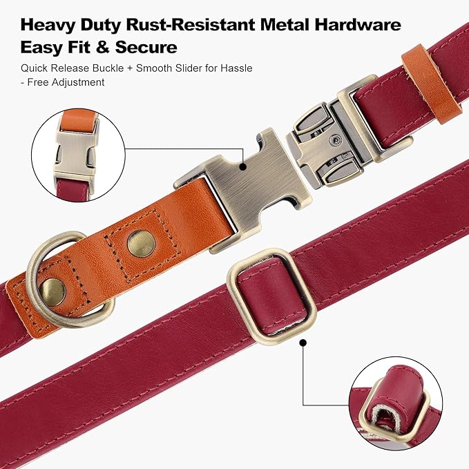 Plutus Pet Genuine Leather & Hemp Dog Collar – Adjustable Heavy Duty Pet Collar with Quick Release Metal Buckle, Soft & Stylish for Puppy and Small, Medium, Large Dogs (Burgundy, S)