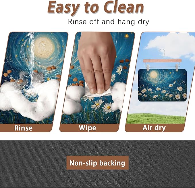 Starry Night Pet Feeding Mat,Moon Daisy Flower Absorbent Quick-Dry Cat Dog Food and Water Bowl Mats,Non-Slip Rubber Backing Mat,Cat Dog Accessories Supplies 16"x24"