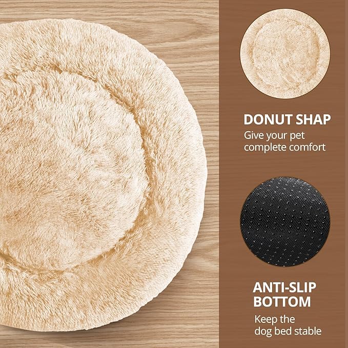 JOLLYVOGUE Calming Dog Bed Medium Size Dog, Anti-Anxiety Donut Medium Pet Bed, 27 inches Fluffy Faux Fur Round Cat Bed (Off White)