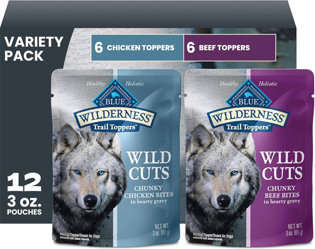 Blue Buffalo Wilderness Trail Toppers Variety Pack Wet Dog Food 3 oz, 12 ct | High Protein, Chicken Bites & Beef Bites (6 of Each), Grain-Free Recipes, Helps Support Daily Hydration