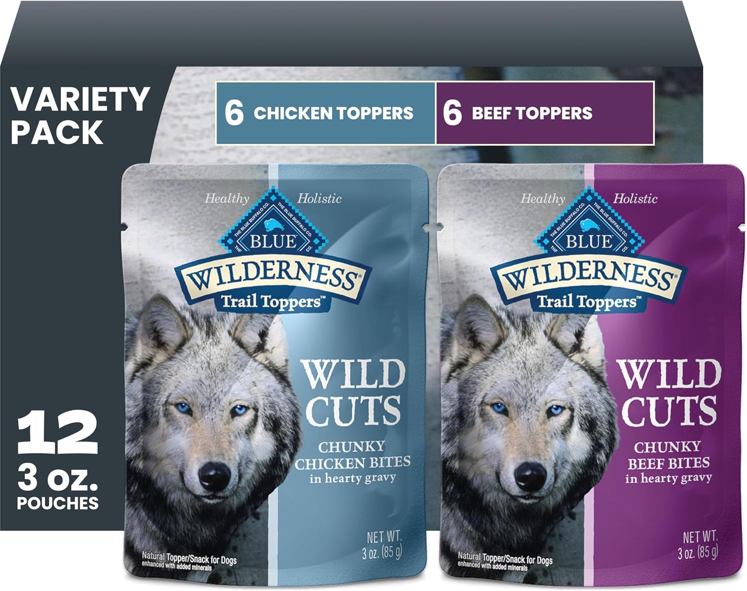 Blue Buffalo Wilderness Trail Toppers Variety Pack Wet Dog Food 3 oz, 12 ct | High Protein, Chicken Bites & Beef Bites (6 of Each), Grain-Free Recipes, Helps Support Daily Hydration