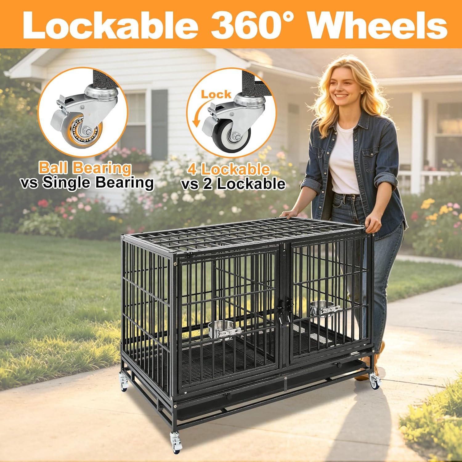 Homey Pet 43" Double Dog Crate, Heavy Duty Stackable Kennel with Divider | Drop Cage for Dogs with Dual Doors, Auto Locks, Bowls, Removable Tray, for Small & Medium Dogs, Breeders and Multi-dog Homes