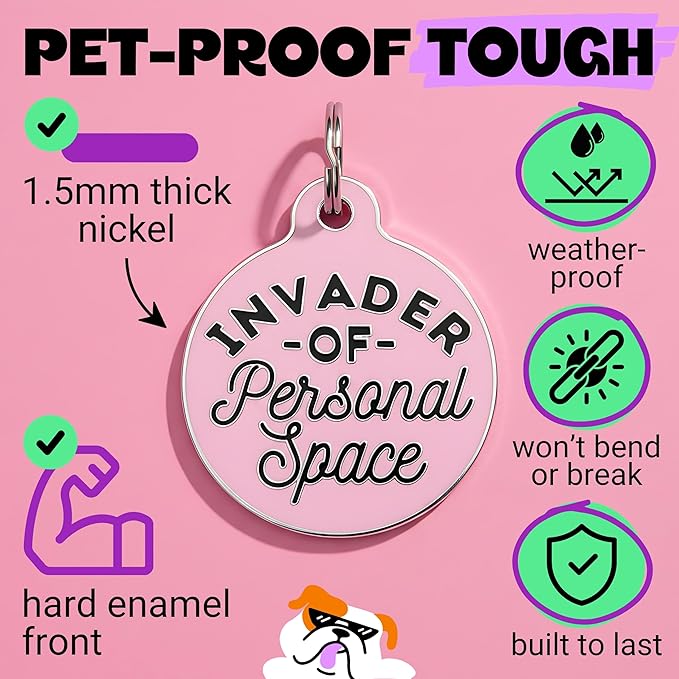 Bad Tags Personalized Dog and Cat ID Tags in 25+ Designs and 2 Sizes - 5 Lines of Custom Engraved Text - Funny Cute Personalized Pet Tags (Invader of Personal Space - Pink, Large (1.25 inch))
