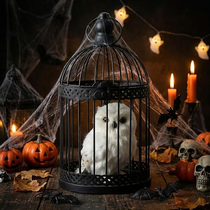 Vela Lanterns Bird Cage Decor Candle Holder Lantern Decorative Table Centerpiece Halloween Decorations, Black, Set of 4