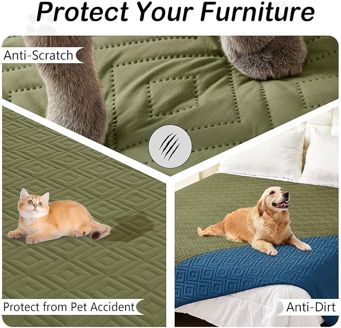 hyha Waterproof Dog Blanket, Soft Pet Bed Blankets, Waterproof Sofa Couch Cover for Dogs Washable, Reversible Pet Couch Covers for Sofa Furniture (40x50 Inch, Green/Navy Blue)