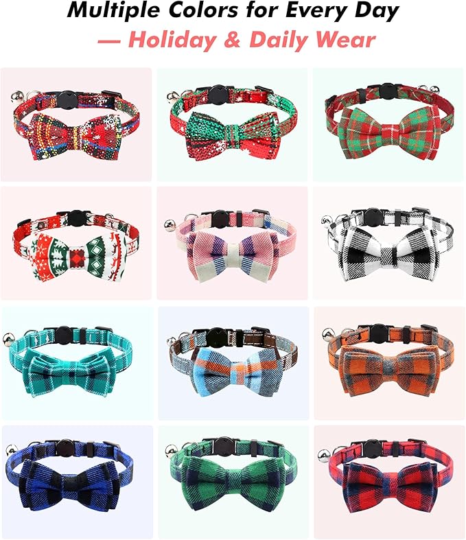 Joytale Upgraded Cat Collar with Bells, Breakaway Cat Collars with Bow Tie, 2 Pack Girl Boy Safety Plaid Kitten Collars, Haze Blue+Pink