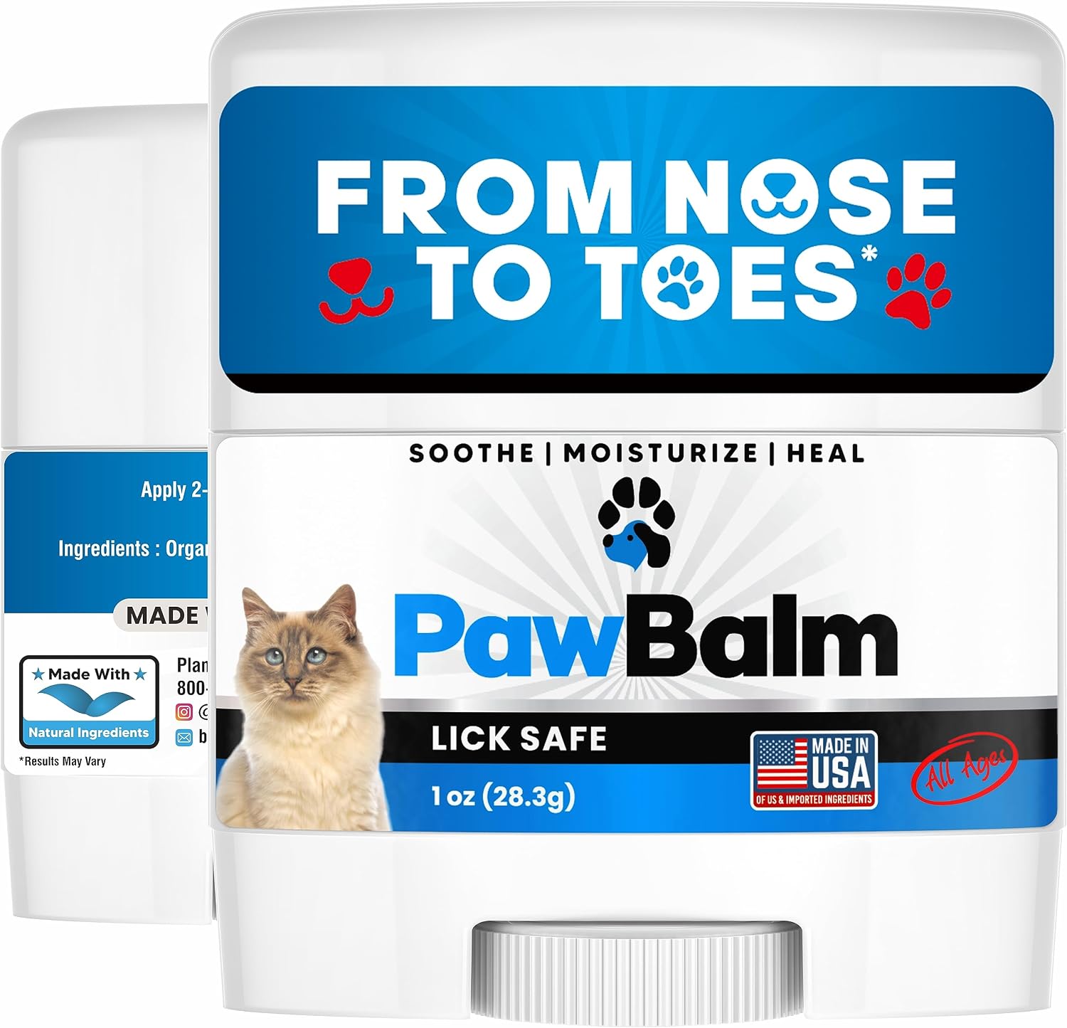 Lick Safe Cat Paw Balm for Dry Cracked Paws, Natural, 1 Oz Balm Stick | Paw Butter for Cats, Paw Wax, Nose Balm, Made in USA, Coconut Oil & Shea Butter, Soothes and Moisturizes, All Breeds and Ages
