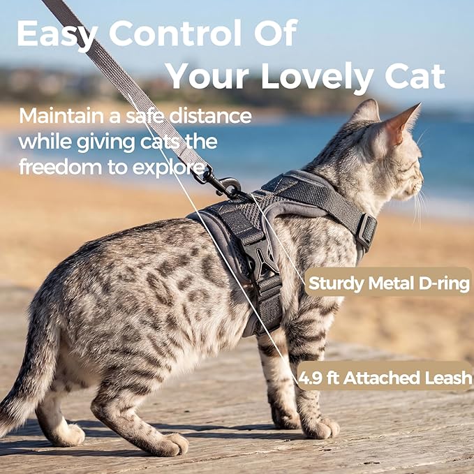 Cat Harness and Leash Set Escape Proof Tactical Large Kitten Harness Emotional Support Cat Vest, Grey, L