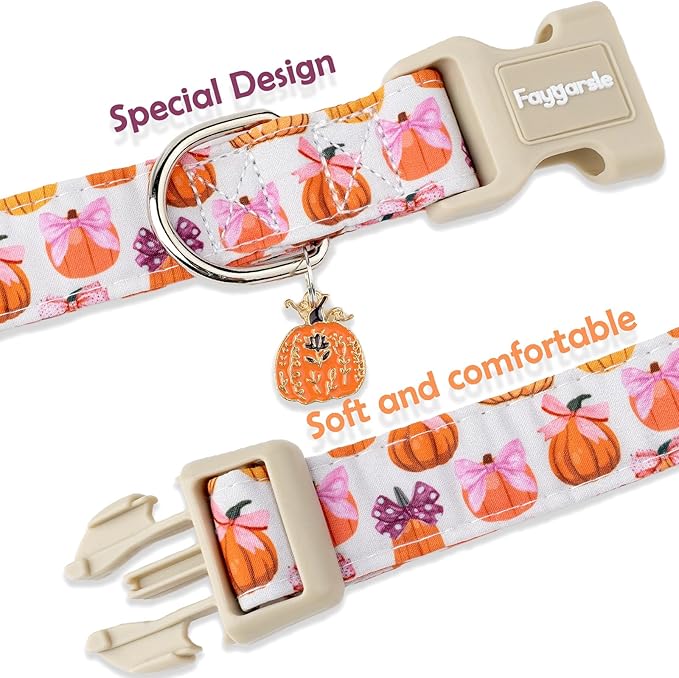 Faygarsle Fall Pumpkin Pattern Dog Collar with Charm, Adjustable Neckwear for Small Medium Large Dogs, Orange and Pink for Small Medium Large Dogs S
