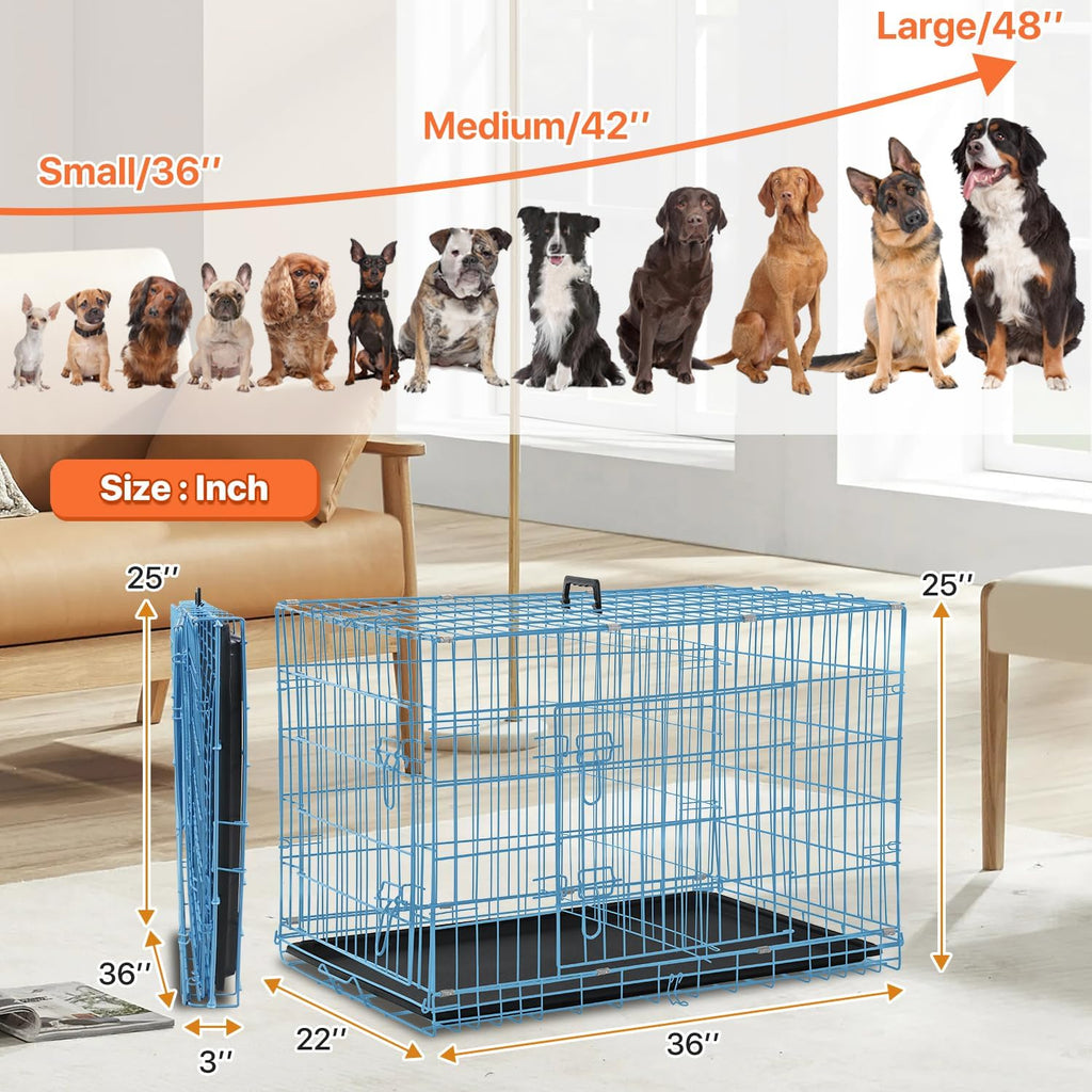 Dog Crate for Large Medium Small Dogs, Folding Dog Kennel Cage with Plastic Tray & Divider 48"/42"/ 36"/ 30"/ 24" Indoor Outdoor Metal Double Door Heavy Duty Dog Pen Enclosure, Blue(36 Inch)