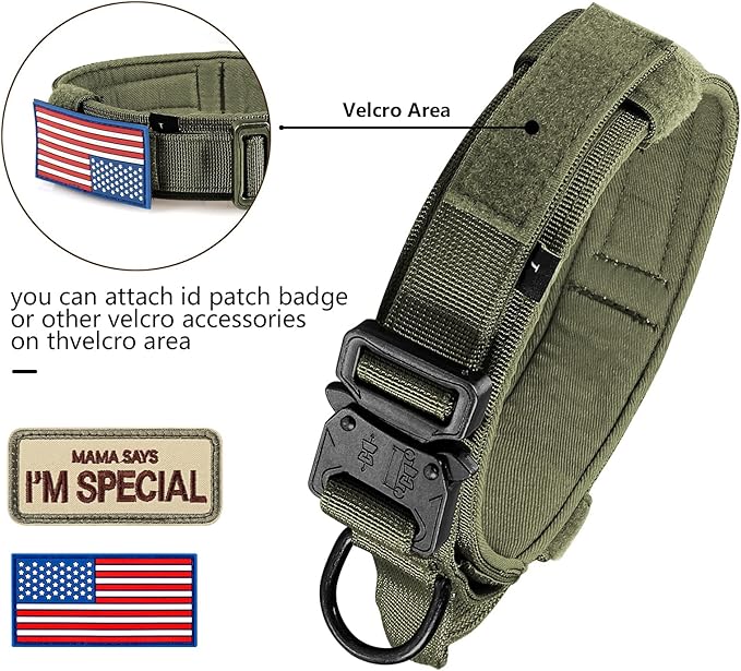DAGANXI Tactical Dog Collar, Adjustable Military Training Nylon Dog Collar with Control Handle and Heavy Metal Buckle for Medium and Large Dogs, with Patches and Airtags Case (M, Green)