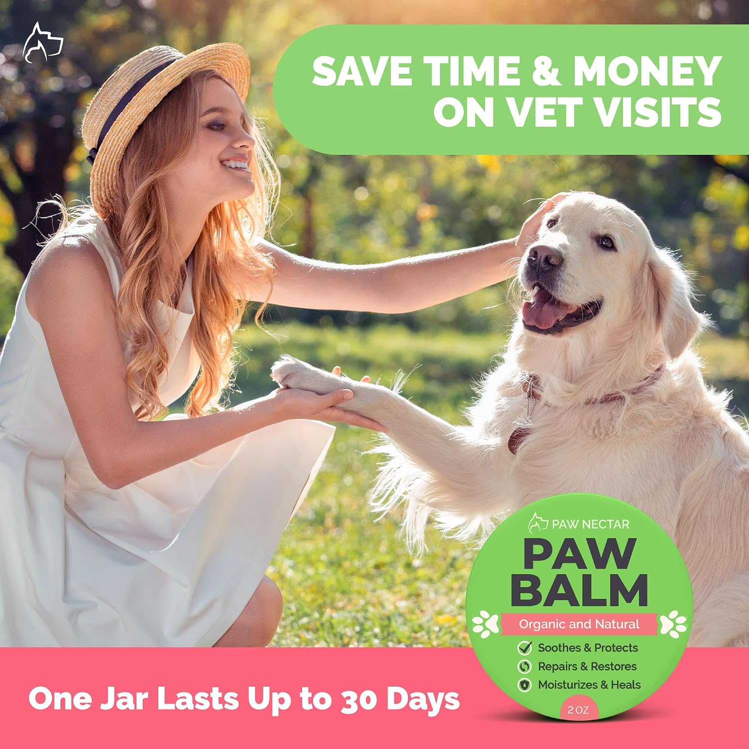Natural Lick Safe Dog Paw Balm - 100% Organic Dog Paw Pad Balm Protector, Moisturizer & Soother for Dry Cracked Paws, Hot Pavement, Winter - Heals, Repairs & Restores - Coconut Oil, Shea Butter (2oz)