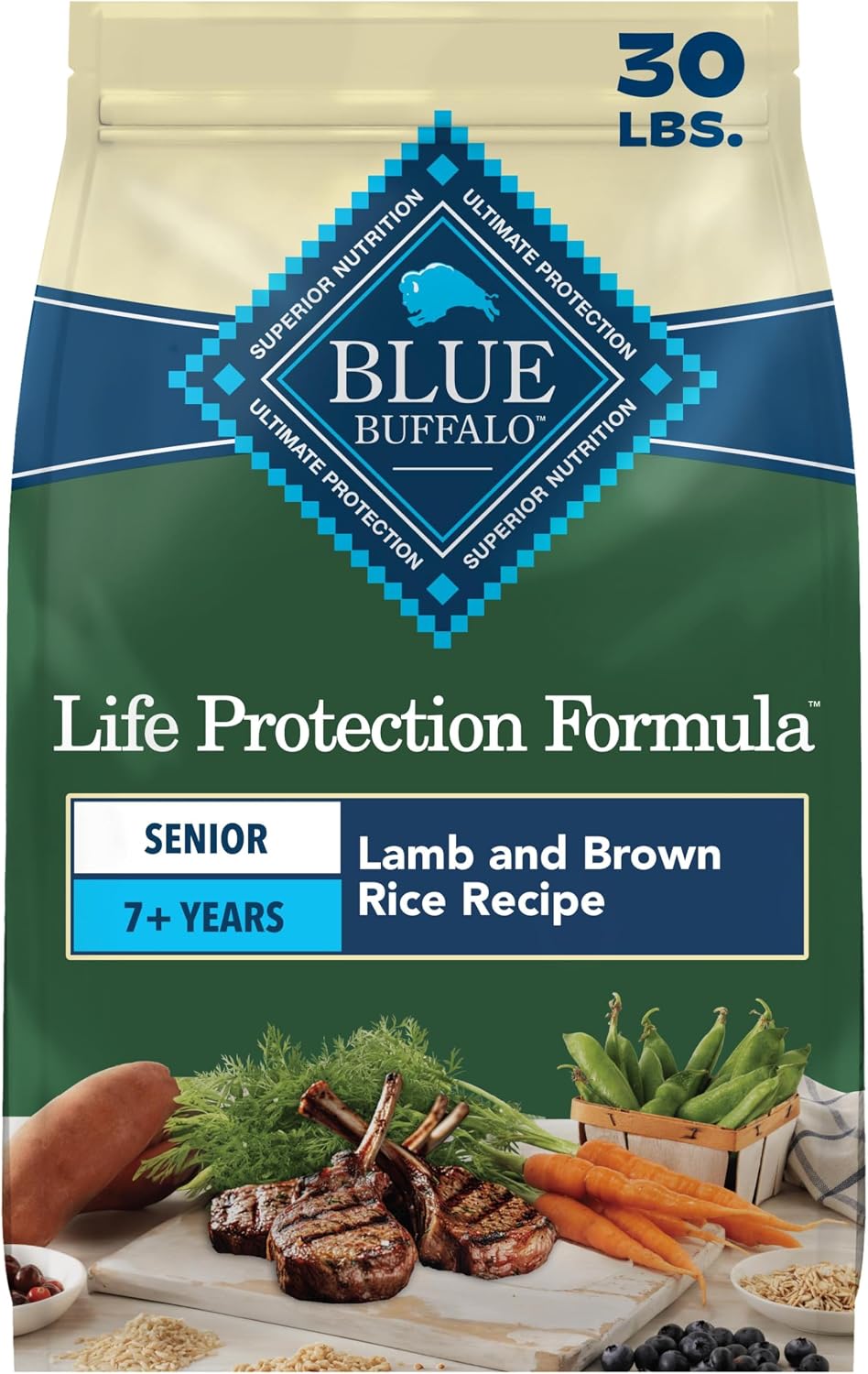 Blue Buffalo Life Protection Formula Lamb Senior 7+ Dry Dog Food, 30 lb | Real Lamb #1 Ingredient, with Glucosamine & Chondroitin for Joint Health & Mobility, Antioxidant-Rich LifeSource Bits