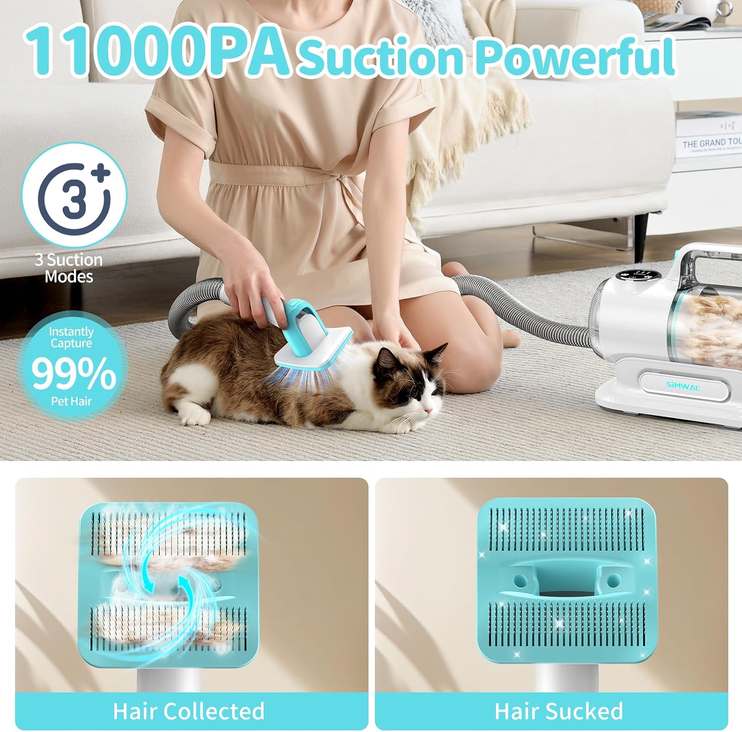Dog Grooming Clippers Vacuum Kit - 11000PA Suction Powerful Dog Hair Vacuum - 6 in 1 Low Noise Cat Shedding Brush Trimmer Tool with 1.5L Dust Cup for Cleaning Pet Hair (6 Accessories)