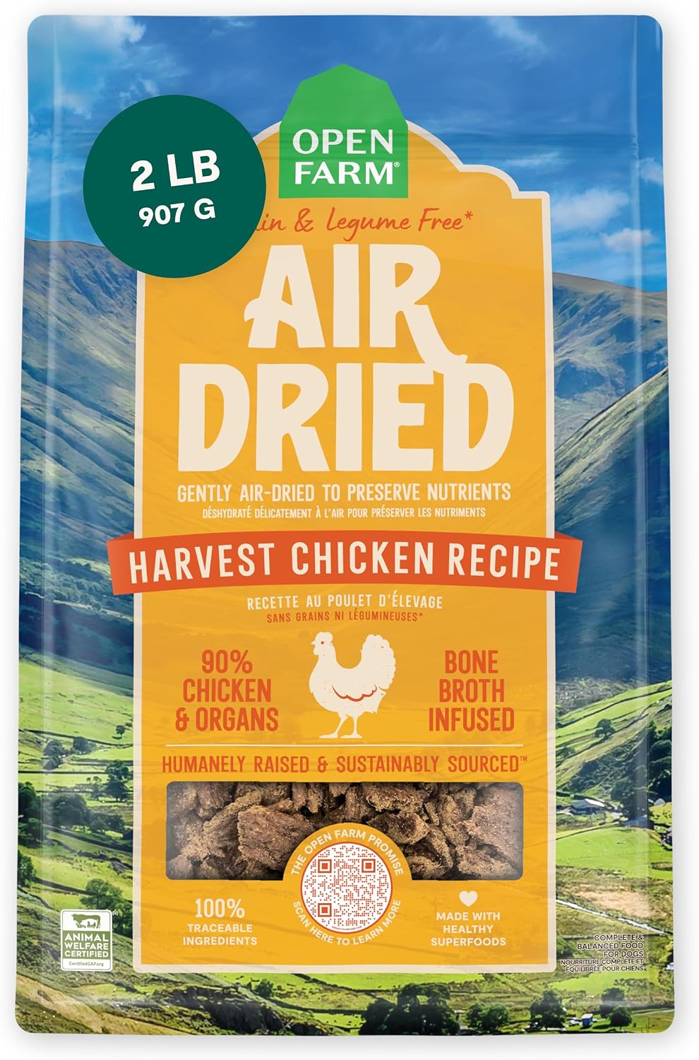 Open Farm Air Dried Dog Food, Grain-Free Harvest Chicken Recipe, 2lb Bag | Complete Meal or Topper, Jerky-Like Texture, Bone Broth Infused, 100% Traceable Ingredients, Non-GMO Fruits & Veggies.