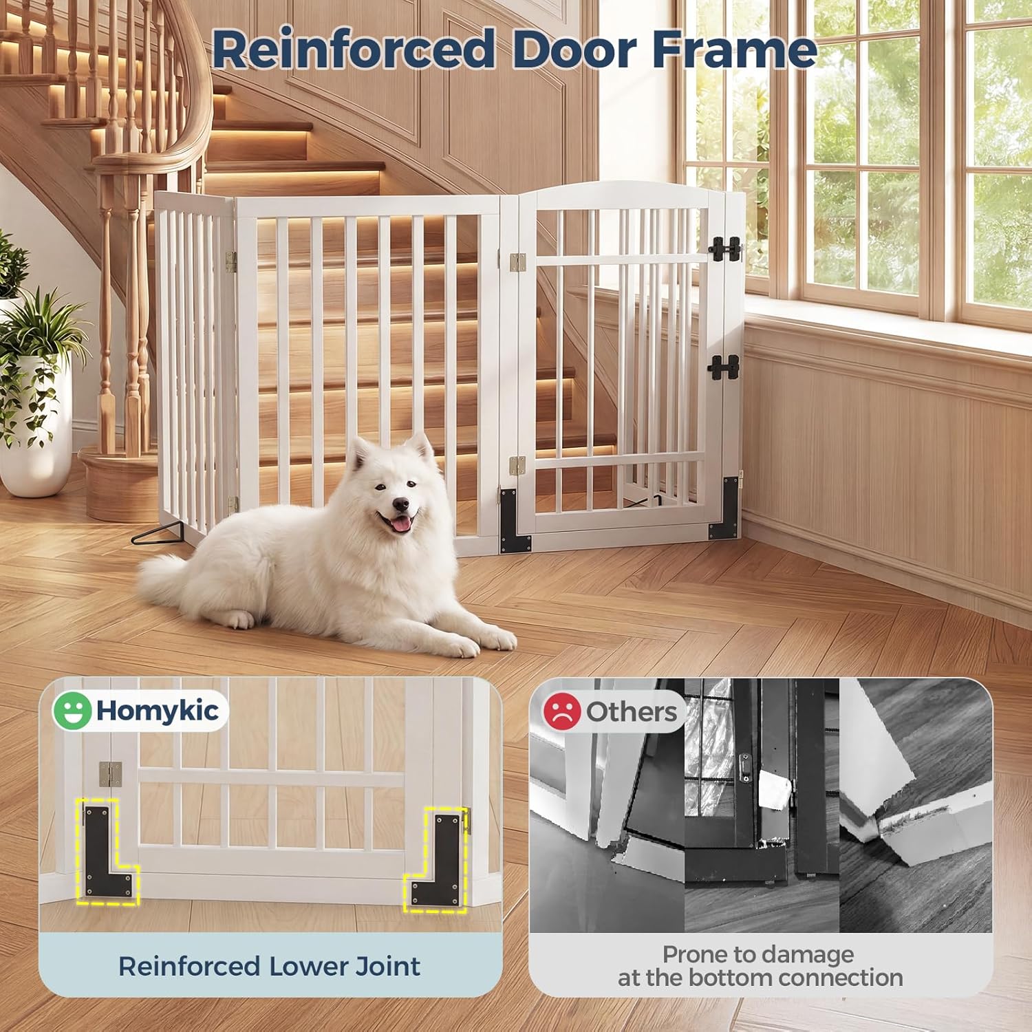 Homykic Dog Gate Indoor, 88.2" W x 30" H Extra Wide Foldable Bamboo Pet Gate with Door, No Assembly Freestanding Dog Fence with 2 Support Feet & 360°Hinges for Doorways Hallways (White, 4 Panels)