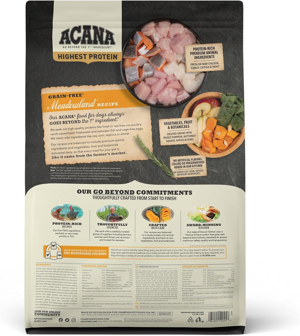 ACANA Highest Protein Grain Free Dry Dog Food Meadowland Recipe 4.5lb. Bag | Freeze Dried, Grain Free, High Protein, Made in the USA, Includes Probiotics, Global Quality Ingredients