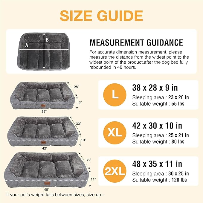 Orthopedic Dog Bed for Large Dogs - Extra Thick Supportive Dog Couch Bed, Pet Beds Sofa with Waterproof Washable Cover & Non-Slip Bottom, Grey, 38x28 Inch