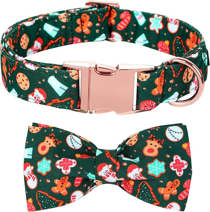 Christmas Dog Collar, Cute Winter Holiday Collars with Detachable Bowtie with Green Christmas Tree and Snowman Print Metal Buckle Collar Adjustable Sturdy Collars for Small Girl Boy Dogs