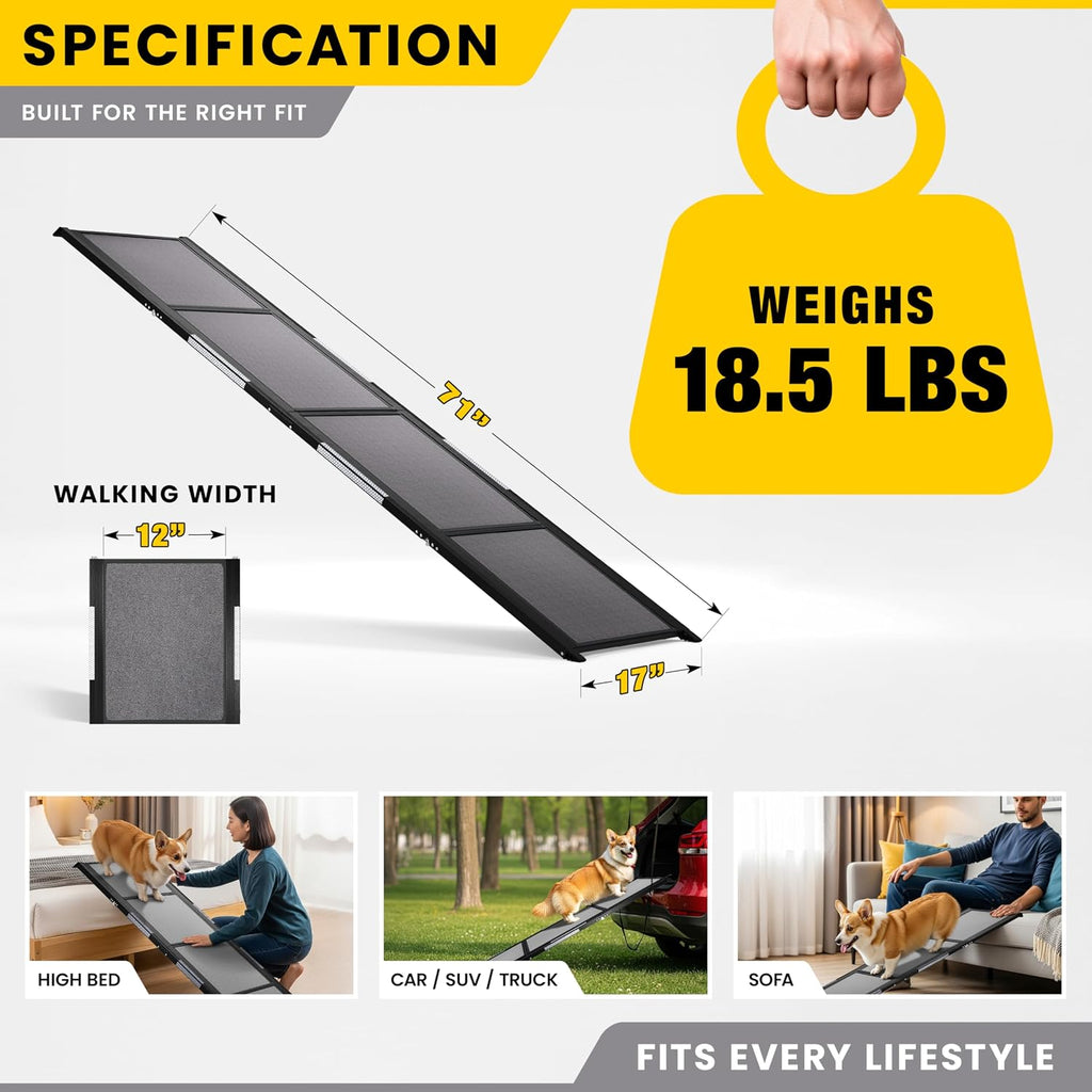 Dog Ramp for Car - 71" L x 17" W Portable Dog Ramp for Car | Foldable, Compact, Cars, Trucks, SUVs, Beds, Sofas, Anti-slip Feet, Traction Carpet, 250 lbs Capacity, for Small to Large