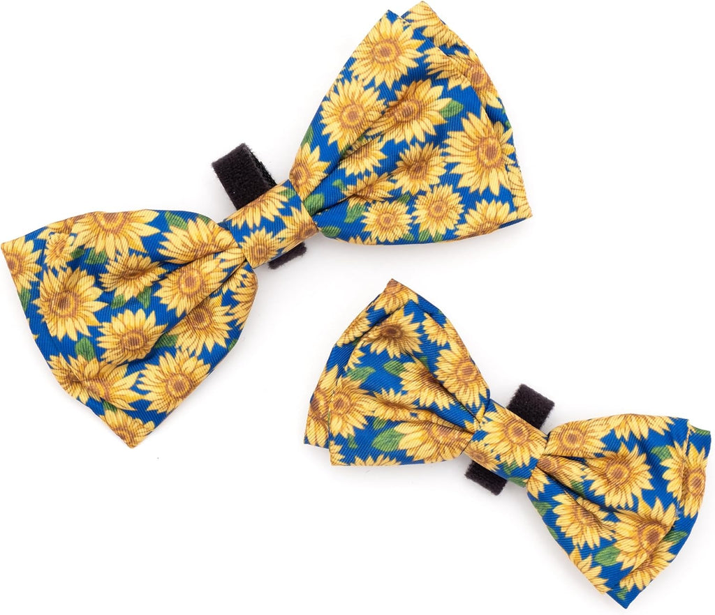 THE WORTHY DOG Food & Sport Print Pet Bow Ties for Dogs & Cats, Sunflowers | Stylish, Soft Printed Polyester Pet Bow Tie, Attach to Any Collar Easily with Touch Fastener, Floral, Sunflowers, Blue, Large