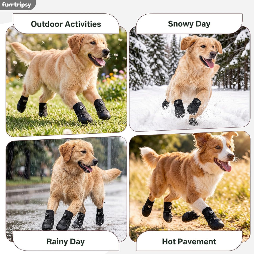 Dog Booties with Micro-Adjustable Dial, Waterproof Dog Shoes for Large Medium Small Dogs, Rugged Non-Slip Rubber Paw Protectors for Hot Pavement and Snow, Hiking 4PCS (Black, Size 8)