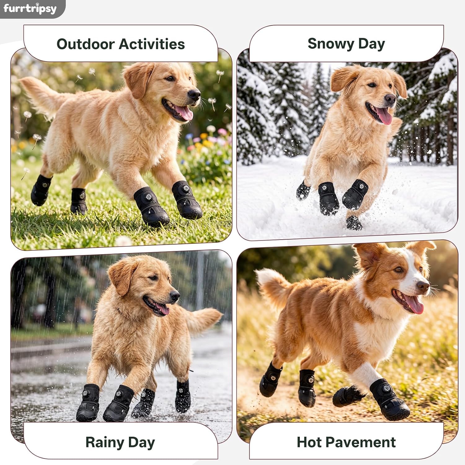 Dog Booties with Micro-Adjustable Dial, Waterproof Dog Shoes for Large Medium Small Dogs, Rugged Non-Slip Rubber Paw Protectors for Hot Pavement and Snow, Hiking 4PCS (Black, Size 8)