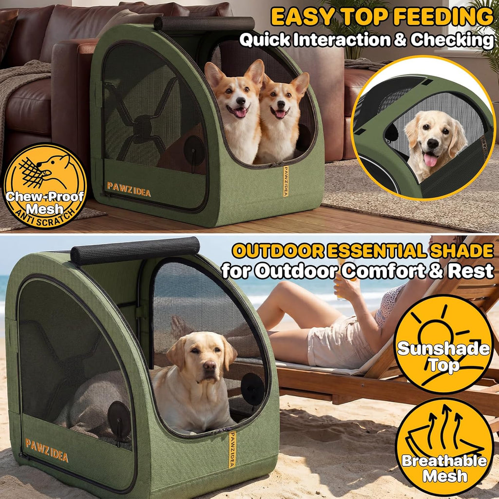PAWZIDEA Portable Dog Crate for Car Travel, Medium & Large Dogs Up to 80lbs | Soft-Sided Dog Car Kennel for Backseat, Secures Seatbelt & Headrest Strap, Collapsible Enclosed Car Seat Carrier, Chew-Proof