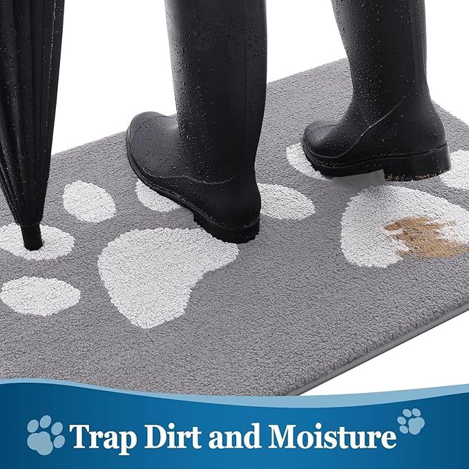 Buganda Dog Door Mat for Muddy Paws, Absorbent Dirt Trapper Washable Indoor Doormats, Non Slip Low-Profile Mud Mat for Dogs, Front Entrance Doormat for Inside Floor (59x24 Inches, Light Grey)