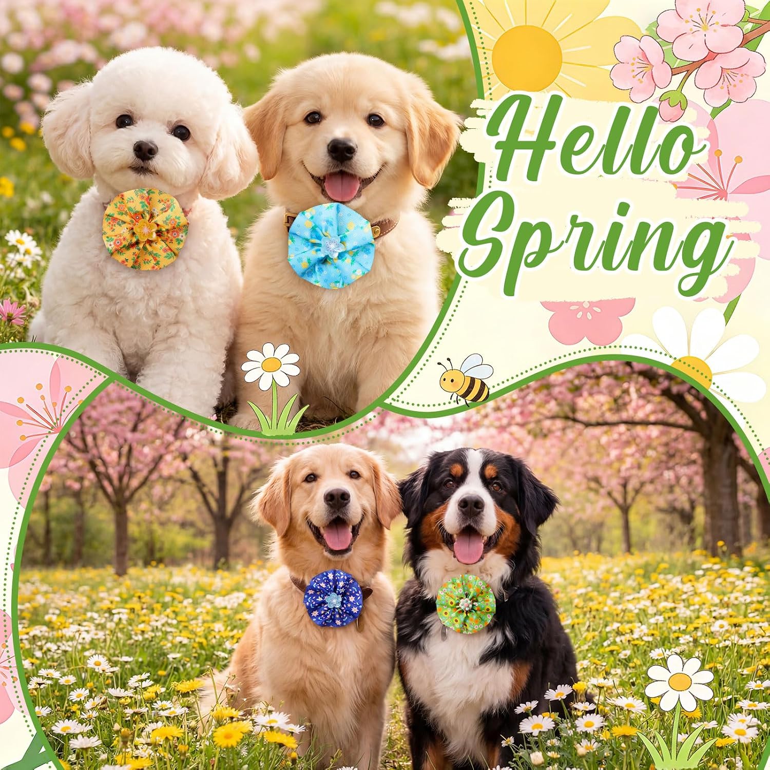 Huhumy 50 Pcs Flower Floral Dog Collar Bow Ties Bulk for Spring Summer Charm Attachment Collar with Daisy Triangle Pet Scarf Bowtie for Small Medium Large Cats Costume Grooming