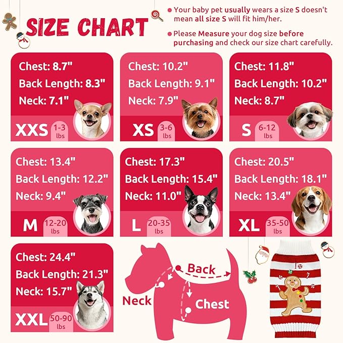 Dog Christmas Sweater Xmas Pet Clothes Cute Striped Gingerbread Man Costume Holiday Puppy Cat Jumpers Outfits New Year Gifts for Small Medium Large Dogs(Red Gingerbread Man,L)