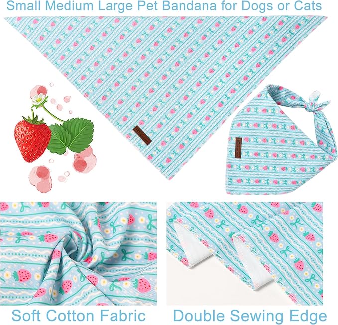 Summer Dog Bandana, UP URARA PUP Strawberry and Bowknot Triangle Bid Scarf for Medium Large Dogs, Cotton Kerchief for Girl Boy Puppies, Cute Spring FloralBandana,S