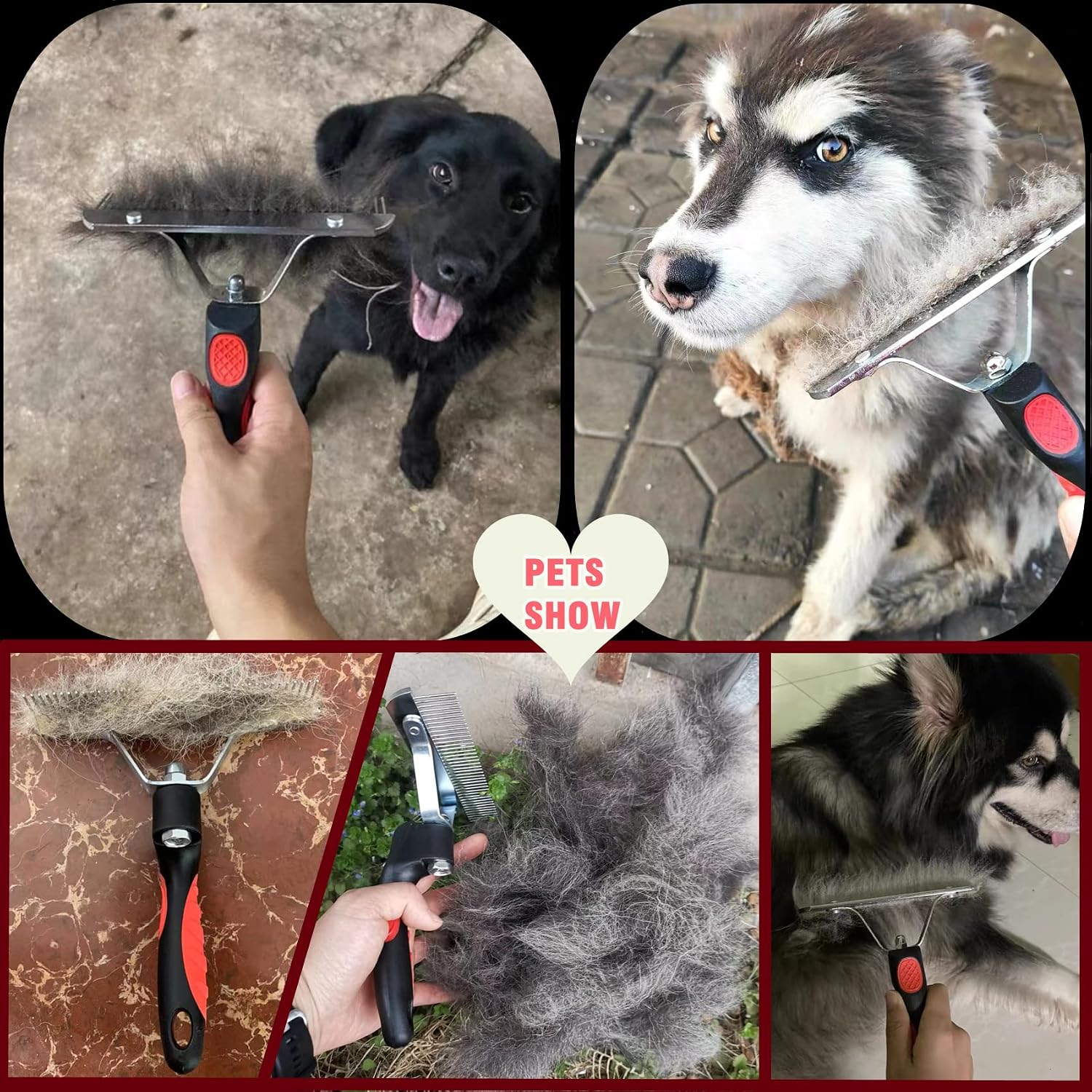 Undercoat Rake for Dogs,Long-haired Pet Grooming Shedding Brush with Handle | Heavy-Duty Rake Comb for Husky German Shepherd, Long Metal Comb Teeth, Silicone Anti-Slip Handle, Black and Red Color Scheme