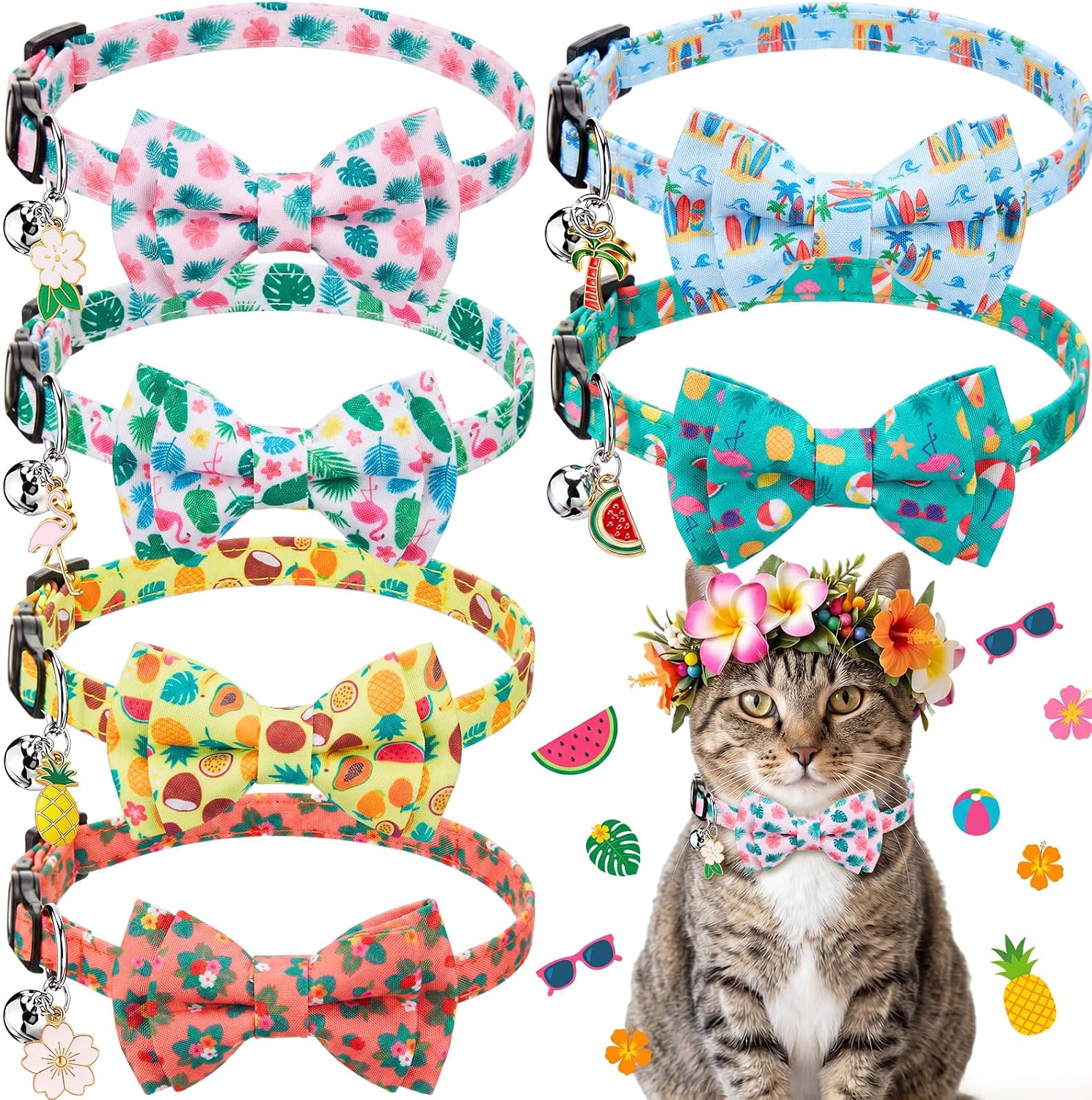 Hsei 6 Pcs Summer Hawaii Cat Collars Bulk with Bow Tie Bell Kitten Adjustable Breakaway Bowtie Collar for Boy Girl Cats Small Dog Pet Party Tropical Luna Aloha Party Favors Decoration