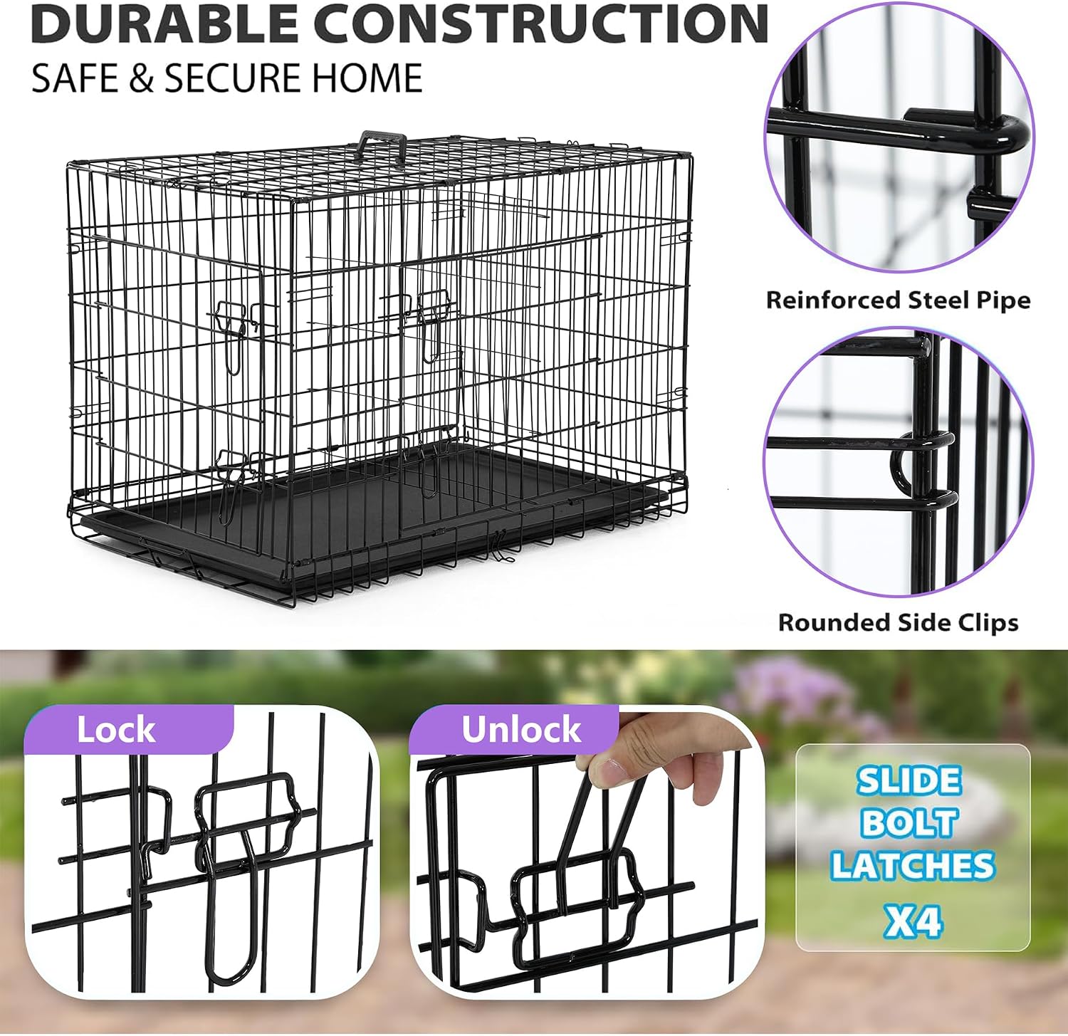 BestPet | Dog Crate | 48" | Black | Foldable Metal Kennel with Double Doors | Secure Slide-Bolt Latches, Leakproof Tray | Portable Dog Cage for Large Breeds | for Travel, Indoor & Outdoor Use