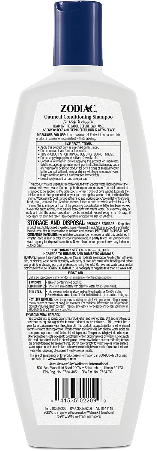 Zodiac Oatmeal Conditioning Shampoo for Dogs & Puppies 18 ounces, Small | Dog flea shampoo with aloe for dry skin, kills ticks and lice on contact