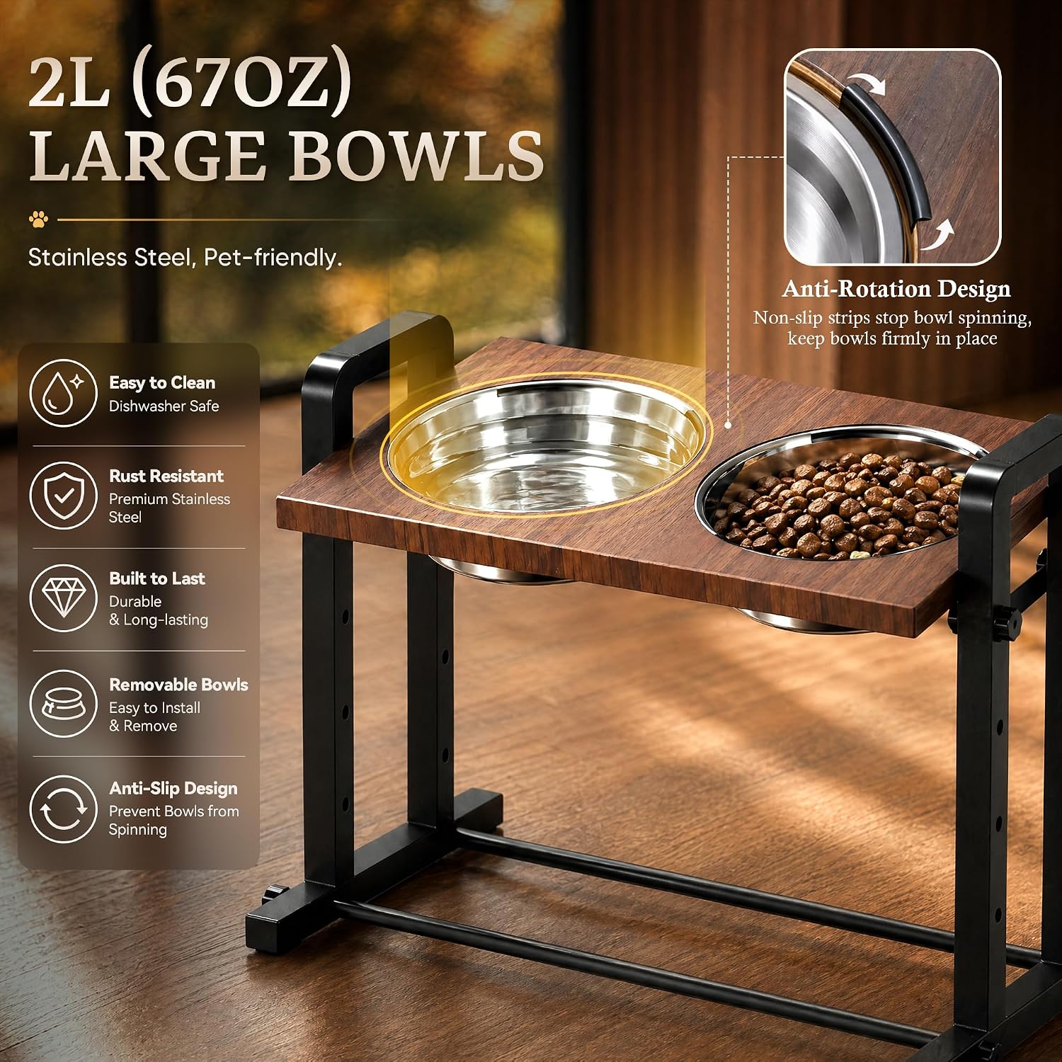 Elevated Dog Bowls, Angle&Height Adjustable, 2L Stainless Steel Bowls | Tilted Platform (0°, 7.5°, 15°) Dog Bowl Stand, Stable & Sturdy Metal Raised Dog Feeding Station, For Large Medium Small Dogs