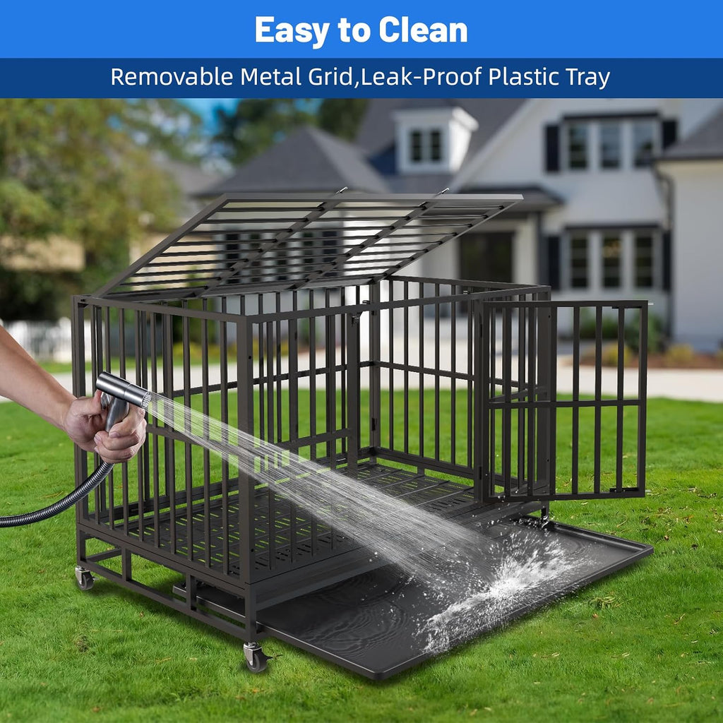 NUGRIART 48 Inch Heavy Duty Indestructible Dog Crate, XL Steel Escape-Proof Kennel for Large Dogs, Double Door Design with 4 Locking Wheels & Reinforced Baseplate, Ideal for High-Anxiety Dogs