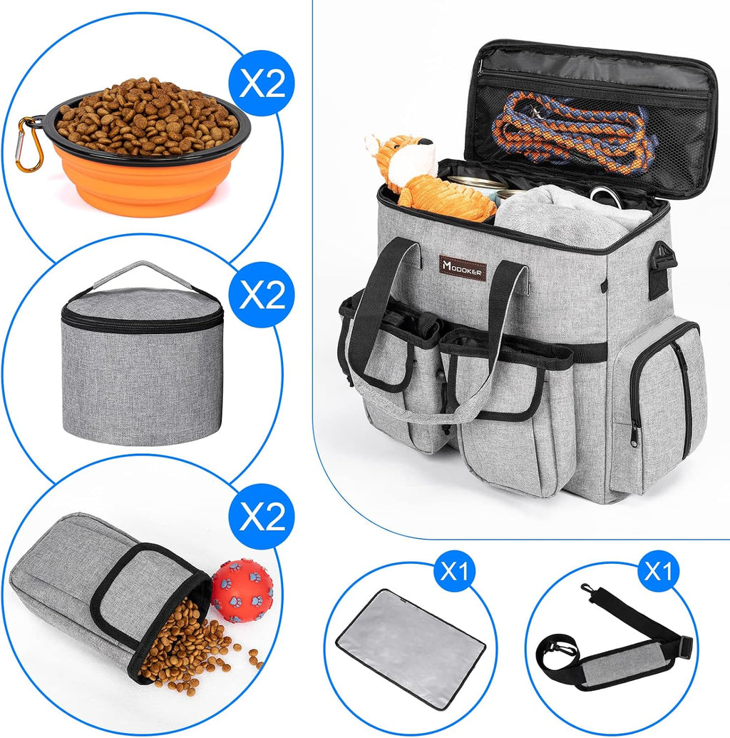 Dog Travel Bag, Airline Approved Pet Travel Bag with 2 Dog Treat Training Pouches for Weekend Pet Travel Supplies & Accessories, Light Grey | Dog travel accessories set with feeding supplies, bowls, mat, and strap. Ideal for weekend trips.