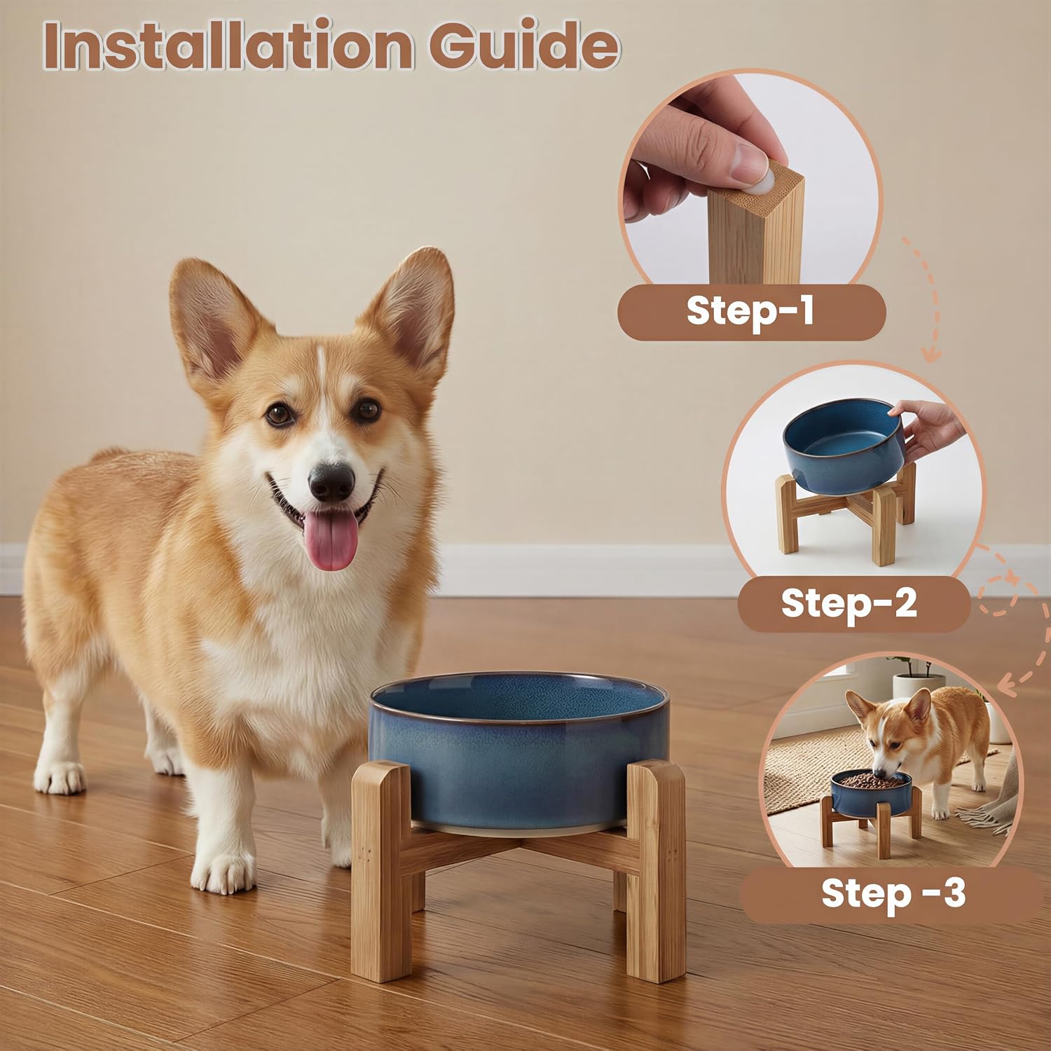 hjn Elevated Ceramic Dog Bowl with Bamboo Stand, Raised Pet Feeding Station for Small Medium Dogs Cats, Modern Design with Anti-Slip Base (Deep Blue, 3.6Cup)