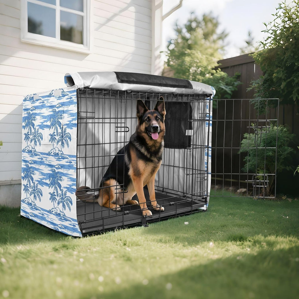 Blue and White Tropical Palm Crate Covers for Dogs Privacy Wire Cage Cover Dog Crate Curtains 48 Inch