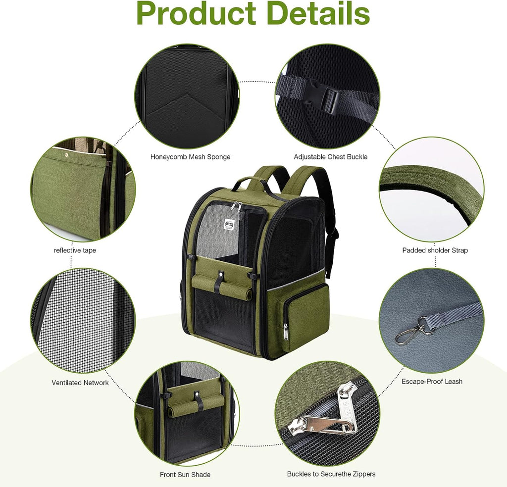 Large Cat Backpack Carrier Expandable Pet Carrier Backpack for Small Dogs Medium Cats Fit Up to 18 Lbs, Dog Backpack Carrier, Foldable Puppy Backpack Carrier for Travel,Dark Green, Large