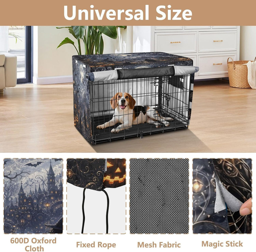 Dog Crate Cover Halloween Witch Heavy Duty 600D Oxford Waterproof Dog Kennel Cover for Wire Crates, UV Sun Protection and Breathable Mesh, Machine Washable - Fits S Crates