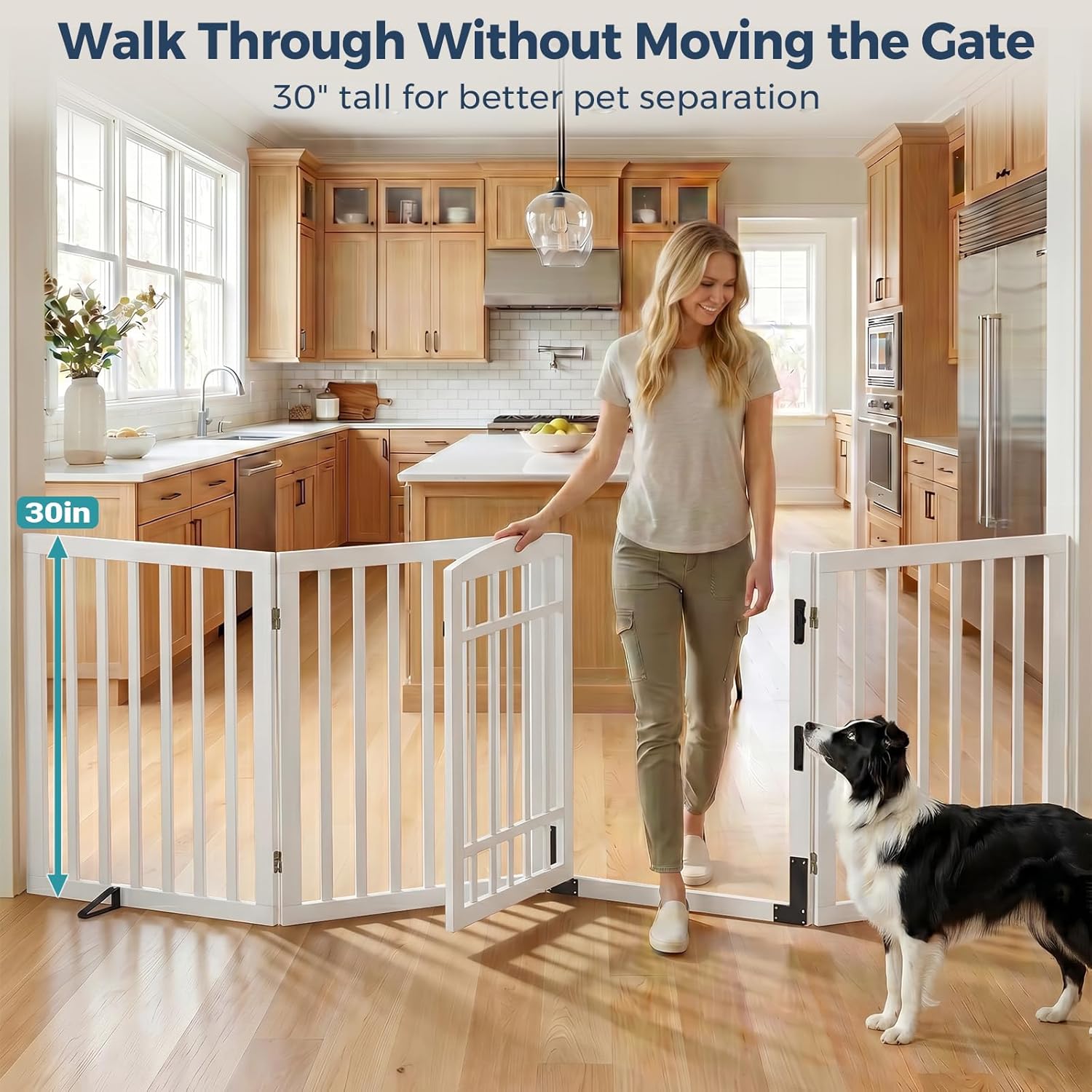 Homykic Dog Gate Indoor, 88.2" W x 30" H Extra Wide Foldable Bamboo Pet Gate with Door, No Assembly Freestanding Dog Fence with 2 Support Feet & 360°Hinges for Doorways Hallways (White, 4 Panels)