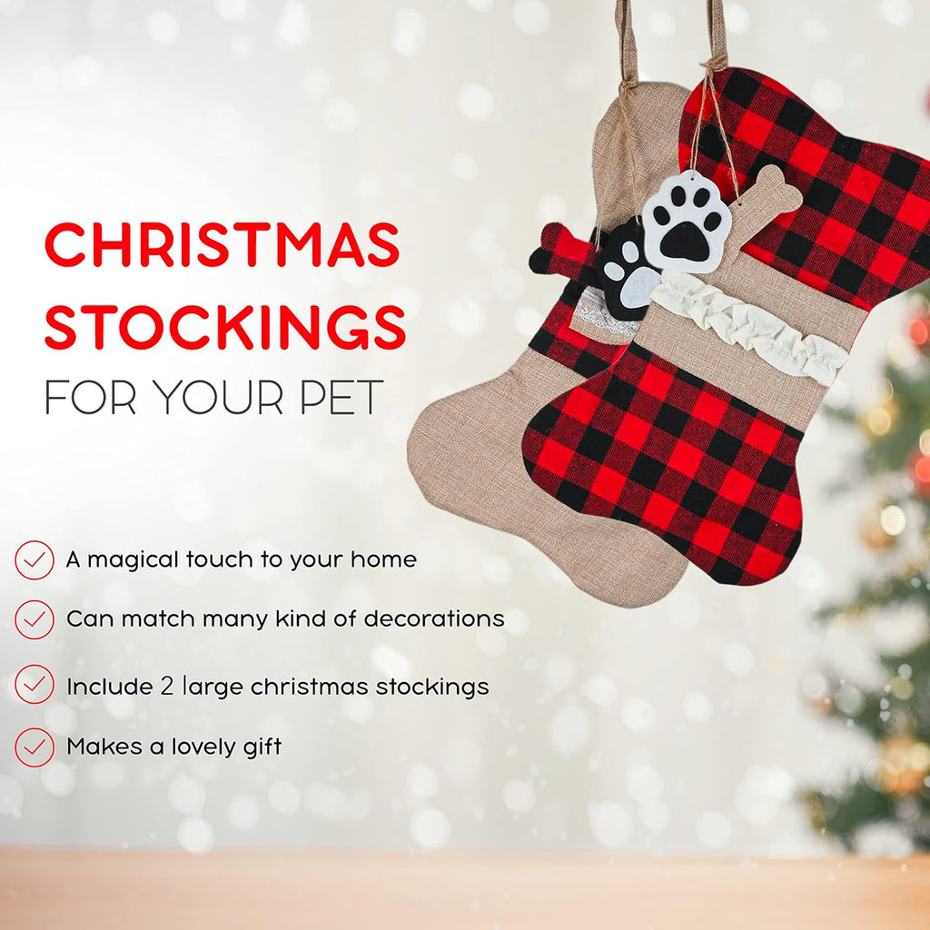Christmas Plaid Pet Stocking - Buffalo Plaid Doggy Bone Puppy Dog Paw 2 pc