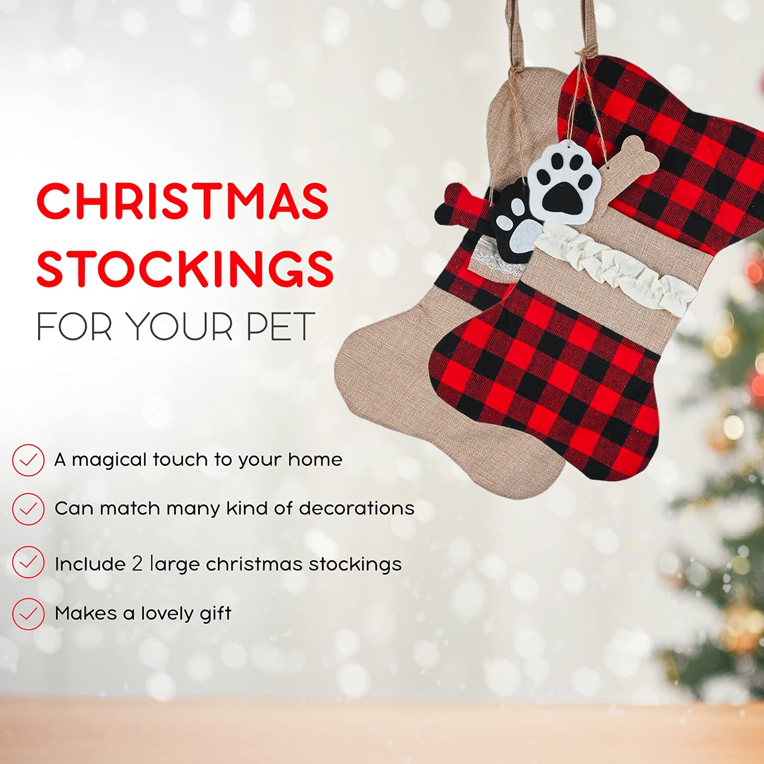 Christmas Plaid Pet Stocking - Buffalo Plaid Doggy Bone Puppy Dog Paw 2 pc
