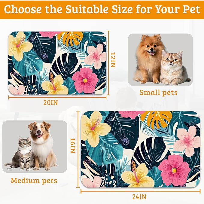 Tropical Palm Dog Food Mat,Exotic Leaves Floral Absorbent Pet Feeding Mat for Food and Water Bowl,Quick Dry Dog Placemat Non Slip Rubber Backing Waterproof Pet Supplies 12" x 20"