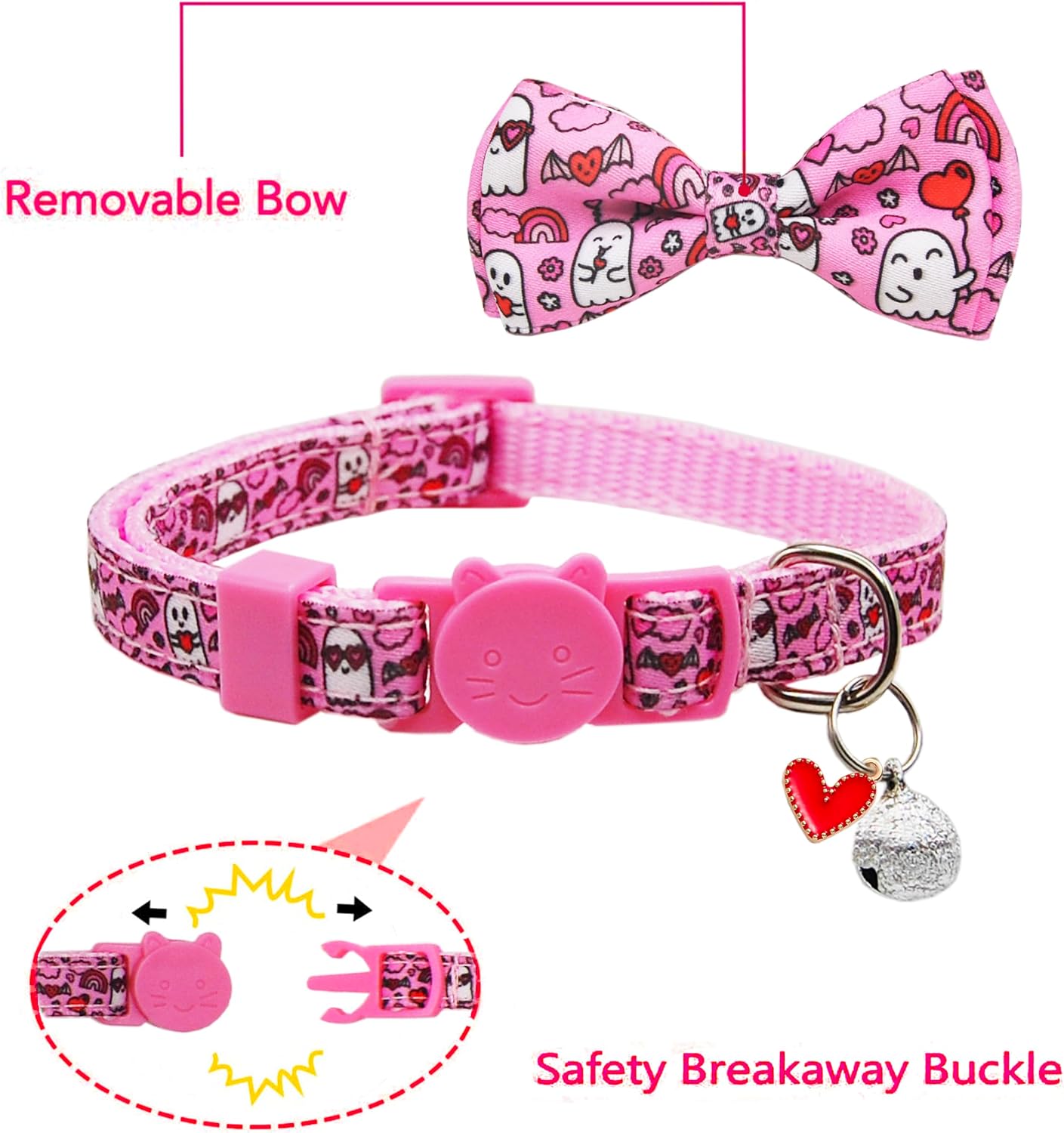 Valentine's Day Cat Collar with Bow Tie Bell & Charms BreakawayBack Heart and Pink Flowers for Male and Female Cats, Adjustable Holiday Kitten Collar for Boys & Girls